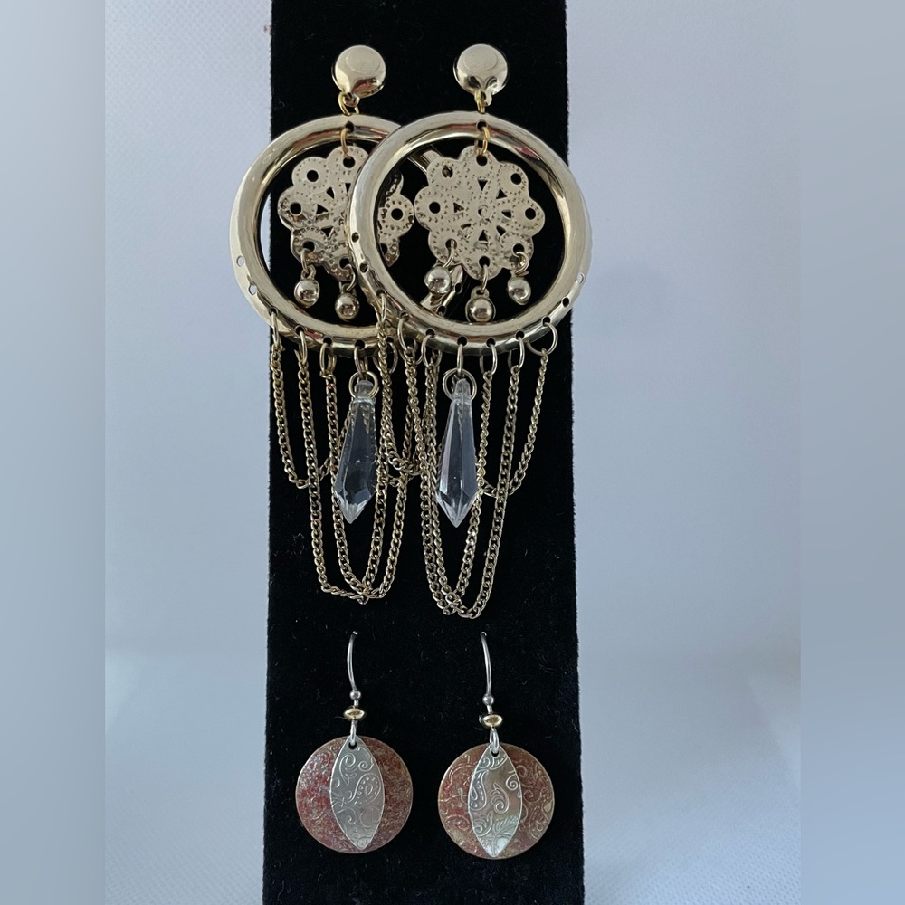 2 pairs- Double charms, Round gold tone dangling earrings
